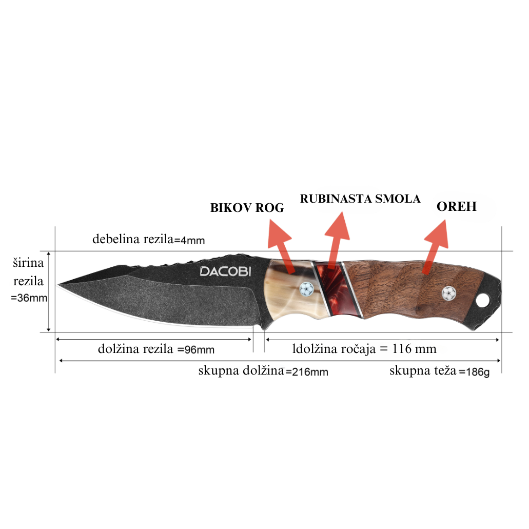 Grizzly - Bushcraft nož, jeklo D2, ročaj iz rogovje + smola